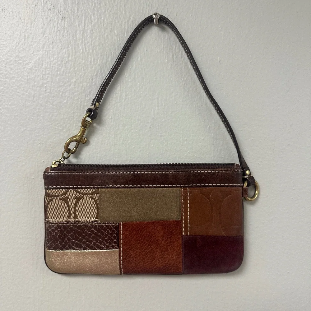 Coach Patchwork Wristlet Bag Leather Suede Zebra Hair Calf Brown Multi